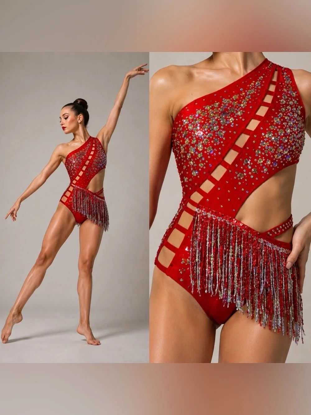 Glamour solo dance costume red Showgirl Jazz Fringe Competition XLA adult